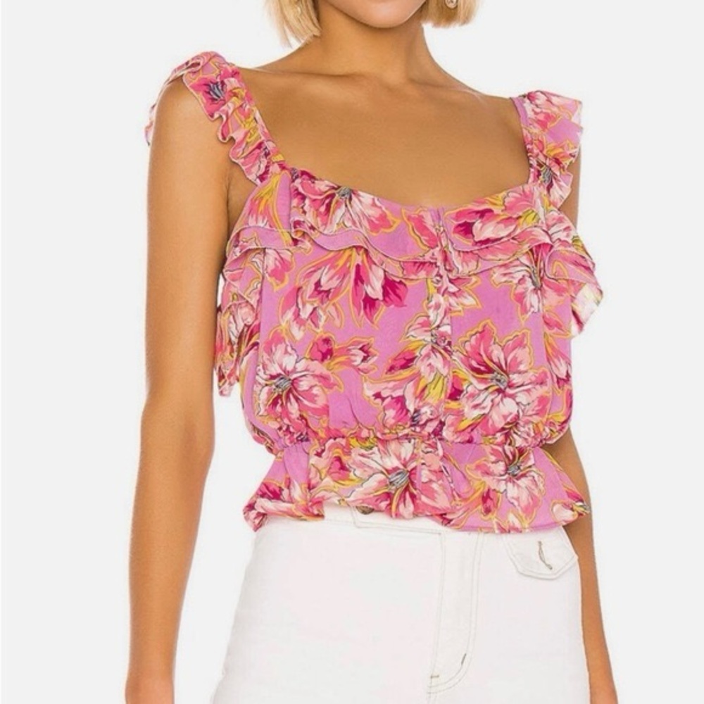 Astr Small Pink Tropical Floral Ruffle Women's Blouse
